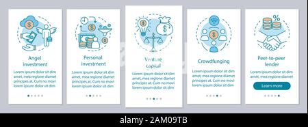 Gli investimenti di avvio attività di onboarding mobile app schermo pagina con concetti lineari. Cerca investitore per business procedure dettagliate fornite istruzioni grafiche. UX, UI Illustrazione Vettoriale