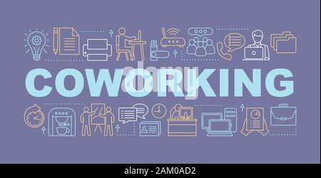 Coworking parola concetti banner. Il lavoro di ufficio. Il segretario. Gestione. Sul posto di lavoro. Isolato caratteri tipografici idea con icone lineare. Vettore il contorno Illustrazione Vettoriale