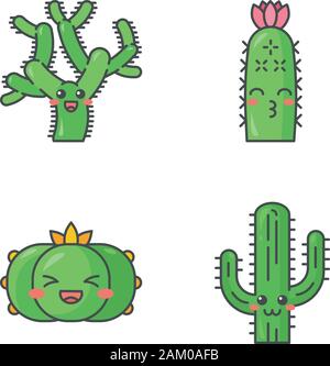 Cactus carino kawaii caratteri vettoriali. Piante con volto sorridente. Ridendo peyote cactus, Teddy bear cholla. Kissing hedgehog cactus selvatico. Funny gli Emoji, Illustrazione Vettoriale