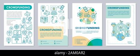 Brochure Crowdfunding formato di modello. Online la campagna di finanziamento. Volantini, opuscoli, depliant stampa design lineare con illustrazioni. Vettore di layout di pagina Illustrazione Vettoriale