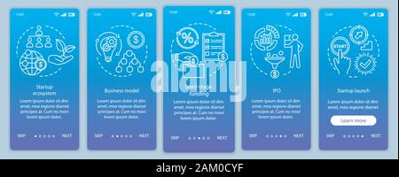 Gli investimenti di avvio attività di onboarding mobile app schermo pagina template vettoriale. Finanziamento aziendale, budget. Procedura dettagliata sito passi con illustrazioni lineare Illustrazione Vettoriale