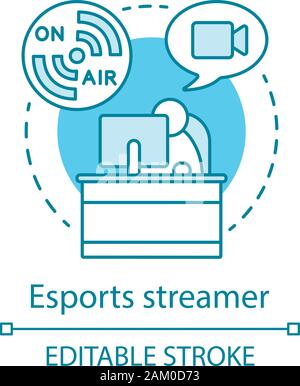 Esports streamer concetto icona. Cyber sport commentatore al lavoro. Guardare video in streaming. Blogger broadcasting idea sottile linea illustrazione. Isolat di vettore Illustrazione Vettoriale