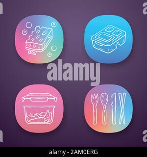Rifiuti Zero swaps fatti a mano le icone delle app set. Prodotti eco-compatibili. Spugne Eco, riutilizzabile scatola di pranzo, contenitori per alimenti. UI/UX interfaccia utente. Web o mobile Illustrazione Vettoriale