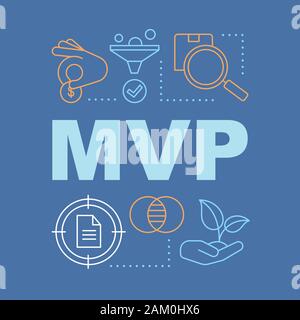 MVP concetti di parola banner. Minima vitale prodotto. Progetto pilota. Lancio di avvio. Presentazione sito web. Isolato caratteri tipografici idea con lineari Illustrazione Vettoriale