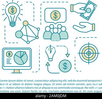 Articolo Crowdfunding pagina template vettoriale. Impresa di avvio degli investimenti. Brochure, rivista, opuscolo elemento di design lineare con le icone e le caselle di testo. Pr Illustrazione Vettoriale