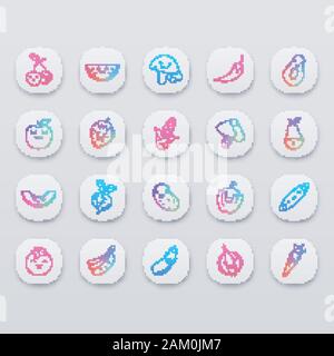 Frutta e verdura carino kawaii app il set di caratteri. Anguria e banana con volti sorridenti. Felice barbabietola, avocado. Divertente, emoji emoticon, smile. Illustrazione Vettoriale