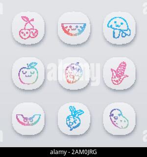 La verdura e la frutta carino kawaii app il set di caratteri. Divertente, emoji emoticon, smile. Testa a fungo, Apple, fragola, barbabietole, patata, ciliegia con sorridente Illustrazione Vettoriale