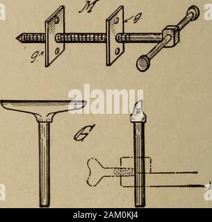 Handy man's workshop e laboratorio . Fig. 34-mandrino jr 32 COMODO MANS officina Laboratorio e la ruota può essere procurato da quasi qualsiasi rivenditore di posta indesiderata. Thetreadle è realizzato da due i pollici per 4 pollici strisce, incernierata sullaparte posteriore del soggiorno, e un pezzo di distanza. Un ordinario di pinzatura, aggraffato sulla r r o S2P k. Fig. 35-l'attrezzo riposo e vite di coda Foto Stock