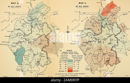 La distribuzione geografica della malattia in Gran Bretagna . Mappe della distribuzione geografica delle malattie, TN il Lake District inglese, CUMBERLAND E WESTMORLAND,1851 1870. PHTHISIS (F EMales) 1851 - 1870. La malattia di cuore (maschi e femmine) da ^IjFRED HAT[TERRA. M.R.C.S.E., &c. Ho8Si- 1870. 3W.l.o=.|. Mappa 3. In tutte le fasce di età.. ^Il Lake District entroterra la delimitazione dei confini della contea (giog)^?i2) &C.. I tassi di morte effettiva.Scala, 1.760.320 SWAN SONNENSCHEIN & C* Miiiiir*, Ar C° Liih? Tu tl^ ifuetiL Lcjttdon distribuzione geografica di Phthisis. 355 distretti. 1851-GO. 1801-70. 1871-80. Cockermoutli 48- Foto Stock