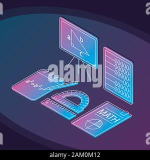 Math isometrica Illustrazione a colori. Geometria e Algebra lineare ed infografico icone. Scuola di Matematica oggetto 3d concetto. Gli strumenti di elaborazione, libro di testo, aba Illustrazione Vettoriale