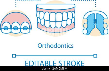 Ortodonzia concetto icona. Correzione del morso. Smile recovery. Fermi, bretelle, le ganasce. Moderna odontoiatria cosmetica idea sottile linea illustrazione. Vector iso Illustrazione Vettoriale