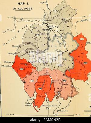 La distribuzione geografica della malattia in Gran Bretagna . Mappe della distribuzione geografica del cancro (femmine), IJSr IL ENOLISH XiAKE distretto, CUMBERLAND E WESTMORLAND, 1851 1870. SY AIjFRE HANTLAISTD D. M.1{ . C. S . F.., FTC. BW.Loii^ MAPPA I. IN TUTTE LE FASCE DI ETÀ.. Mappa 2. In corrispondenza e al di sopra di 35 anni, u. .(Jag) ^ j^^j. Foto Stock