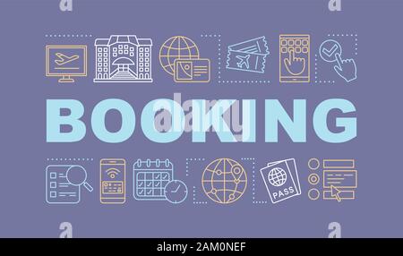 Biglietti, prenotazione hotel concetti di parola banner. Prenotazione. Pianificazione di un viaggio. Presentazione sito web. Isolato caratteri tipografici idea con icone lineare. Illustrazione Vettoriale