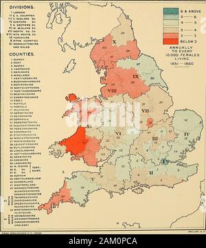 La distribuzione geografica della malattia in Gran Bretagna . e & SOPRA S G 4 5 3 4 ^ 2 3 AL DI SOTTO DI 2 ANNO PER OGNI 10000 femmine vivono, 1851-1860.. Il cancro nelle contee e distretti^ 185 1-60. 2^] Il cancro nelle contee. Adesso dovremo cercare di mostrare quali sono state le countiesthat causato questo strans^e la fascettatura di^ delle divisioni e whatwere il dominatinsf provoca nelle contee di se stessi. In primo luogo, prendiamo il sud-est della morte alta-velocità cinghia, che comprende le seguenti divisioni: Londra (I.),contee sudorientale (II), il South-Midland (III), e theEastern contee (IV Foto Stock