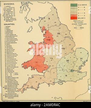 La distribuzione geografica della malattia in Gran Bretagna . MACLURE 1 C° la distribuzione geografica dei GANGER (EEMALES), 1851-1860, II IL EEGISTRATIOI DIYISIOIS e contee EEGLAID OE e il Galles, a tutti un&ES.divisioni. Contee.. e & SOPRA S G 4 5 3 4 ^ 2 3 AL DI SOTTO DI 2 ANNO PER OGNI 10000 femmine vivono, 1851-1860. Foto Stock