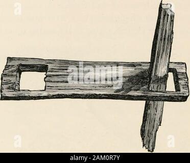 Antico lago scozzese-abitazioni o crannogs : con un capitolo supplementare su resti di palafitticoli in Inghilterra . Fig. 35.-disposizione di travi ad incastro all'angolo nord-est, ho poi abbiamo iniziato a scavare un pochi metri ad ovest del centro del tumulo e presto cancellati una trincea da 3 a 4 piedi profondo circa un paio di metri di ampio, e directedalmost dovuta a nord e a sud. Circa 25 piedi dall'outertrench, misurazione verso nord e 53 piedi nella direzioneopposta, siamo arrivati al bordo del sud di una fluida pave-mento ben costruito con pietre piatte. A giudicare dalle ceneri, * prima di questo disegno è stato Foto Stock