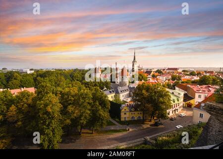 Un tramonto colorato sopra la città medievale vecchia Tallinn Estonia visto dalla città alta collina Toompea nella regione baltica europea. Foto Stock