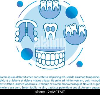 Ortodonzia articolo pagina template vettoriale. Morso di cosmetici di correzione. Brochure, rivista, opuscolo elemento di design lineare con le icone e le caselle di testo. Prin Illustrazione Vettoriale