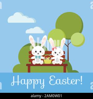 Felice biglietto di auguri di Pasqua con conigli dolci da bambino e ragazza su panca di legno. Illustrazione Vettoriale