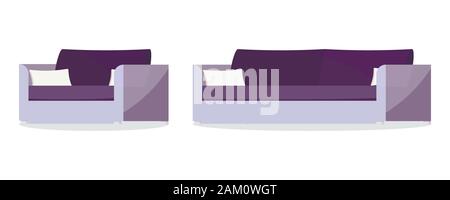 Set di icone di colore viola scuro morbido divano e poltrona con cuscini. Illustrazione Vettoriale