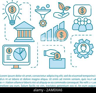 Finanziamento di avvio articolo pagina template vettoriale. Investire nuovi business. Brochure, rivista, opuscolo elemento di design lineare con le icone e le caselle di testo. P Illustrazione Vettoriale