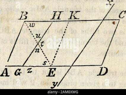 Un elementare trattato sulla geometria : semplificata per i principianti non versed in algebra . 178 geometria. Soluzione. Lasciate che ABCD essere il parallelogramma in bedivided. 1. Dividere uno dei suoi lati, dire ad, secondo la proporzione thegiven ; lasciate che il punto di divisione in z. 2. Fare zE pari alla distanza Az, e disegnare essere.Ora se la linea essere ha la posizione richiesta, il tri-angolo ABE e il quadrilatero BCDE sono i partssought. 3. Ma seil la linea di divisione è necessaria per essere parallelamenteai la linea jaj^ dividere a metà la linea essere in ^ e attraverso thispoint disegnare la linea GH parallelo a xy; poi il twoquadrilateral Foto Stock