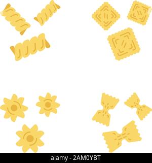 Pasta tipo spaghetti di design piatto lungo ombra le icone a colori set. Maccheroni forme differenti. Gemelli, ravioli, stele, farfalle. Cucina mediterranea. Ital Illustrazione Vettoriale