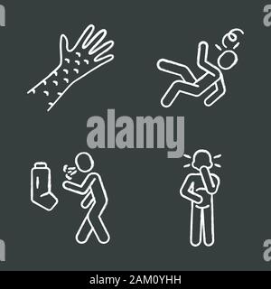 L'infezione, i sintomi delle allergie chalk set di icone. Rash cutaneo reazione allergica. Asma e bronchite. Vertigini, svenimento. Rubeola, morbillo malattia contagiosa Illustrazione Vettoriale