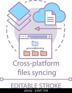 Cross platform di sincronizzazione di file icona del concetto. Il cloud computing, l'accesso alle informazioni remote idea sottile linea illustrazione. Il trasferimento dei dati, la tecnologia online. V Illustrazione Vettoriale