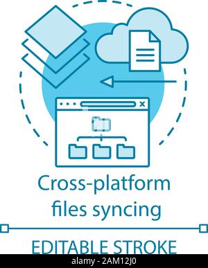 Cross platform di sincronizzazione file icona del concetto. Cloud computing e storage remoto idea sottile linea illustrazione. Dati Online la tecnologia di sincronizzazione. Vettore Illustrazione Vettoriale