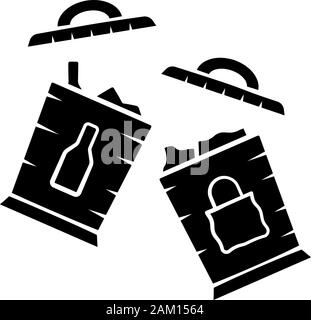 Cestino di scomparti di smistamento icona glyph. Trashcans per separare il vetro, lo spreco di carta. I contenitori della spazzatura per la separazione di rifiuti. Simbolo di Silhouette. Spa negativa Illustrazione Vettoriale