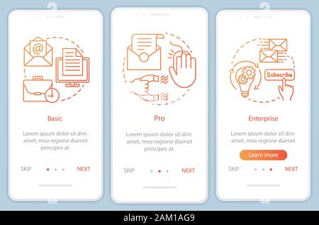 Email marketing di onboarding abbonamento mobile app schermo pagina con concetti lineari. Tariffa aziendale. Tre fasi della procedura dettagliata istruzioni grafiche. Illustrazione Vettoriale