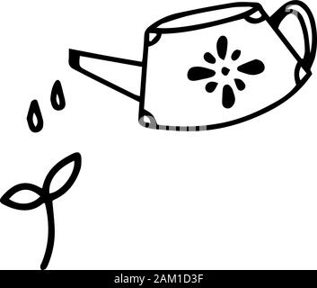 Linea nera annaffiatoio con acqua Doodle Icona isolati su sfondo bianco. Abbeveraggio un germoglio. Simbolo di irrigazione. Profilo di vettore illustrazione. Progettazione Illustrazione Vettoriale