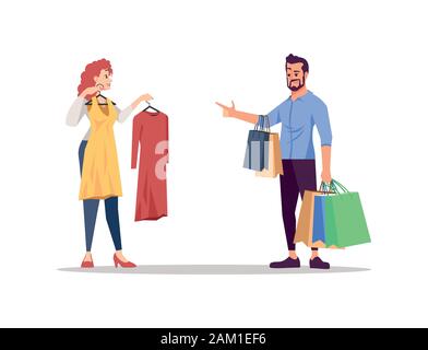 Persone che scelgono i vestiti piatta illustrazione vettoriale. Famiglia giovane isolato i personaggi dei cartoni animati su sfondo bianco. Guardaroba di moda di shopping insieme. P Illustrazione Vettoriale