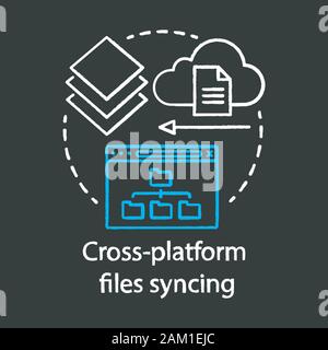 Cross Platform la sincronizzazione dei file Chalk concetto icona. Il cloud computing, l'accesso alle informazioni remote idea linea sottile chalkboard illustrazione. Il trasferimento dei dati, onl Illustrazione Vettoriale