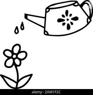 Abbeveraggio un fiore da un annaffiatoio con acqua. Fioritura di primula a molla. Vector doodle delineare illustrazione isolati su sfondo bianco.bella Illustrazione Vettoriale
