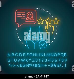 Godetevi il risultato della luce al neon icona. Procedura di personalizzazione. Chirurgia plastica centro. La liposuzione. Corpo a cambiare. Segno incandescente con alfabeto, numeri e simboli. V Illustrazione Vettoriale