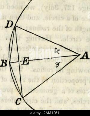 Un elementare trattato sulla geometria : semplificata per i principianti non versed in algebra . il raggio è dato e conoscere la circonferenza e theradius, possiamo trovare l'area del cerchio. Per calcolare il rapporto tra il diametro della circonferenza,matematici hanno rispetto alla circonferenza di un cerchio lacoppia di somma di tutti i lati di un normale poligono inscritto di greatnumber di lati; per è stato mostrato (pagina 125), che il cir-cumference di un cerchio è molto diversa dalla somma di tutti i thesides di tale poligono. Per questo scopo tluy ha preso un esagono regolare inscritto, eachof lati o Foto Stock