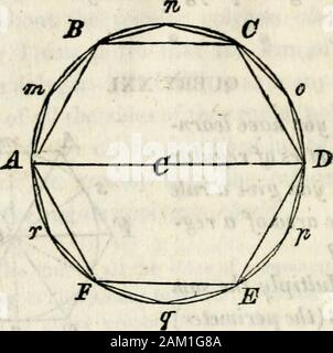 Un elementare trattato sulla geometria : semplificata per i principianti non versed in algebra . a di un reg-ular poligono ? A. Sì. Moltiplicare la somma di tutti i lati (tJie perimetro) jr^ 7 ^J) per il raggio del inscribedcircle; il prodotto^ divisa da % sarà la zona del poligono theregular, D. Perché? A. perché ogni poligono regolare, il polygonABCDEF, per esempio, può essere suddivisa in come triangoli manyequal, come ci sono i lati del poligono; ela superficie di ciascuno di questi triangoli si trova da moltiplicare-ing base, che è uno dei lati del polygonby l'altezza (che in ogni uno di questi tri Foto Stock