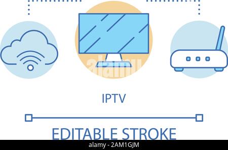 IPTV parola concetto cloud icona. TV BOX, TV Internet protocol idea sottile linea illustrazione. Multimedia tracking, cloud storage isolato di vettore dra di contorno Illustrazione Vettoriale