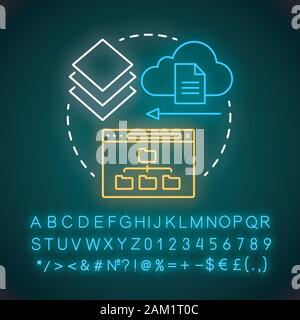 Cross platform di sincronizzazione di file di luci al neon concetto icona. Il cloud computing, accesso remoto ai dati idea. Segno incandescente con alfabeto, numeri e simboli. Inter Illustrazione Vettoriale