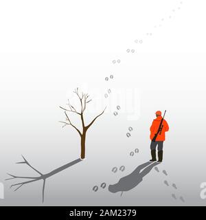 Tracce di animali sulla neve, cacciatore seguire le tracce di cervo Orme nella neve invernale Illustrazione Vettoriale