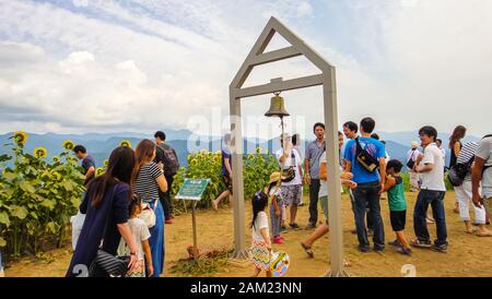 Sannokura Highlands Sunflower campi in estate stagione soleggiata giorno. Kitakata, Prefettura Di Fukushima, Giappone Foto Stock