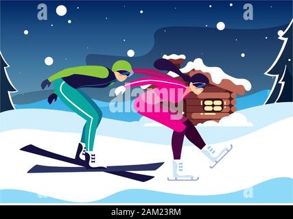 Paio di persone che praticano sport estremi inverno illustrazione vettoriale design Illustrazione Vettoriale