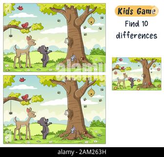 Trovare 10 differenze. Divertente gioco di cartoni animati per i bambini, con la soluzione. Illustrazione Vettoriale con strati separati. Illustrazione Vettoriale