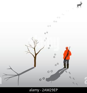Tracce di animali sulla neve, cacciatore seguire le tracce di cervo Orme nella neve invernale Illustrazione Vettoriale