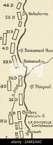 La campagna britannica in Francia e nelle Fiandre, 1916 . essi teso a sinistra o nord oftheir buoni alleati. L'estremità meridionale di tutta la linea britannica washeld dal quarto esercito comandato da GeneralKawlinson, un funzionario che è sempre stata calledupon disperata quando il lavoro è stato appiedato. Il suo armyconsisted di cinque corpi, ciascuno dei quali comprendeva fromthree a quattro divisioni, in modo che la sua fanteria numberedabout 200.000 uomini, molti dei quali erano veterani, fin qui come un uomo può vivere per essere un veterano amid theslaughter di una tale campagna. Il Corps, countingfrom la giunzione con il francese, erano il Thir-teenth Foto Stock