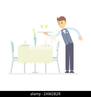 Cameriere di piano tenendo un bicchiere di vino sul vassoio, serve la tabella. Un tavolo nel ristorante viene servita per la cena. Il personale di servizio professione concetto. Magazzino Illustrazione Vettoriale