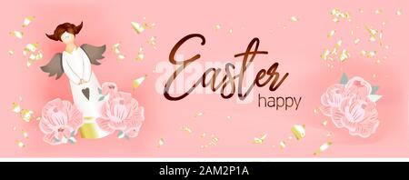Felice Pasqua. Sfondo con una figura dorata di un angelo. Metallo decorativo 3d rendering di un angelo. Vacanze di Pasqua. Biglietto di auguri, banner, holiday post Illustrazione Vettoriale