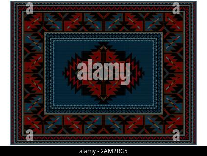 Lussuoso tappeto etnico in stile motley con ornamento vintage e blu nel mezzo Foto Stock